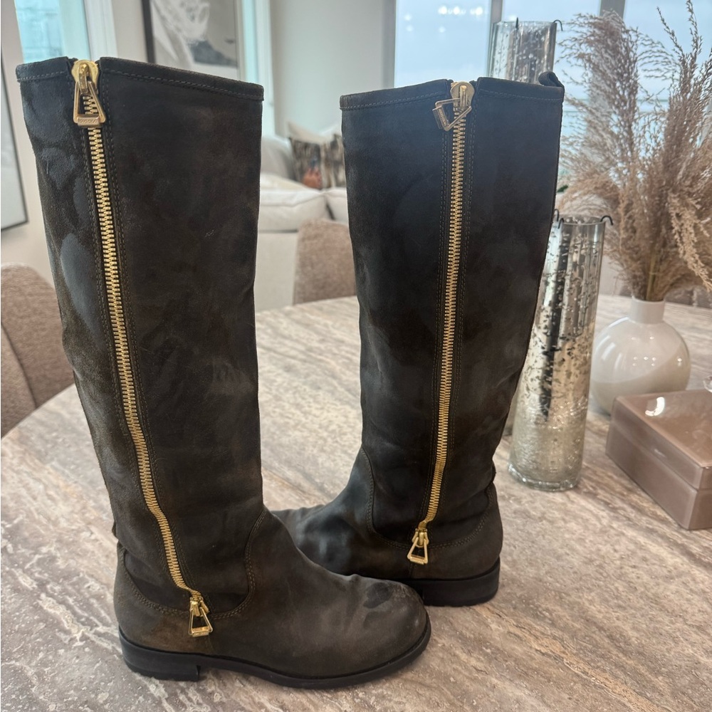 Jimmy Choo Black Over the Knee Boots with Gold Zipper - Havana Rugged Suede Boot